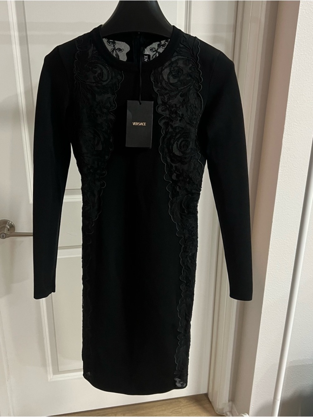 Versace Black Long-Sleeve Dress with Floral Lace Insets